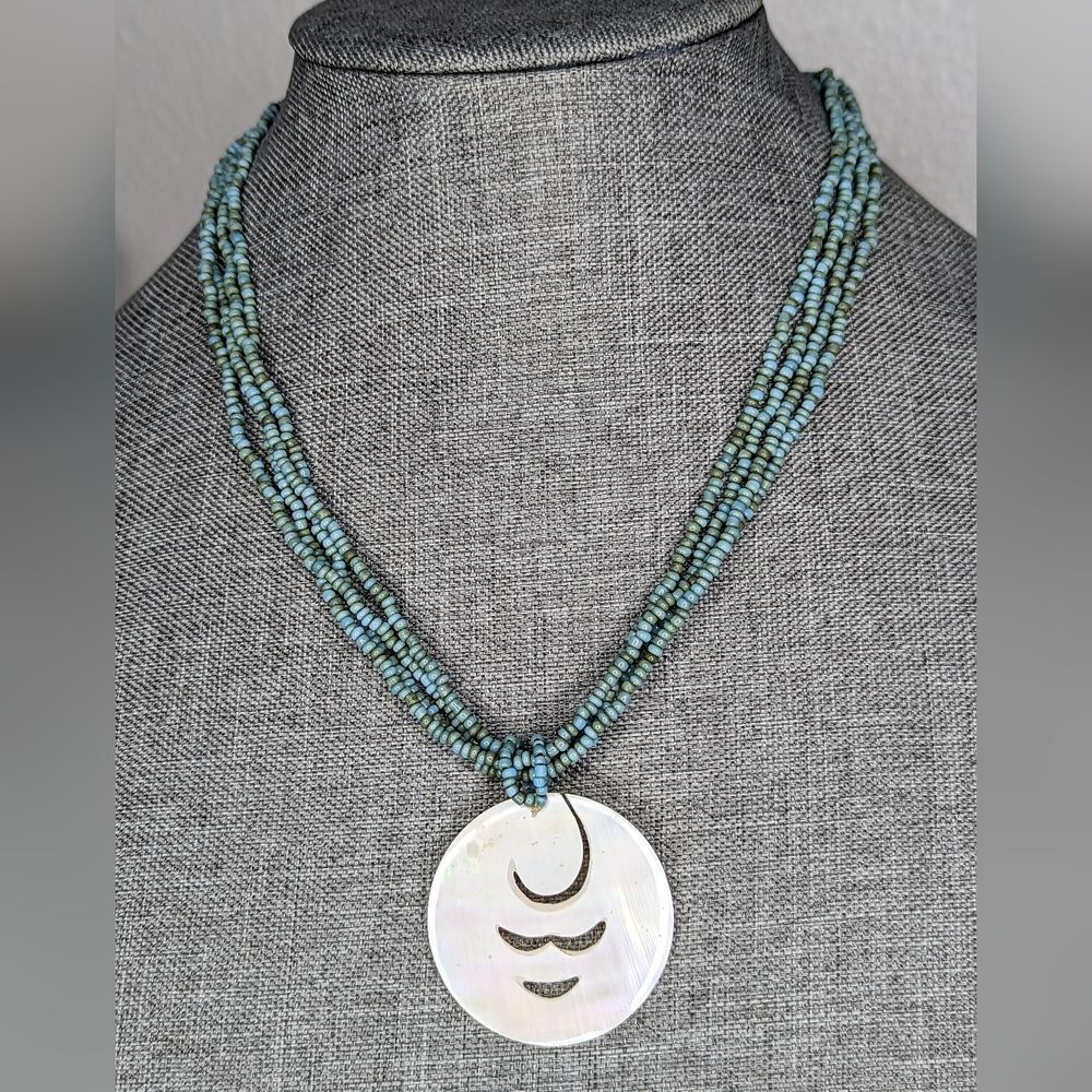 Turquoise Green Seed Bead Necklace Shell Pendant Multi Strand Boho Coastal